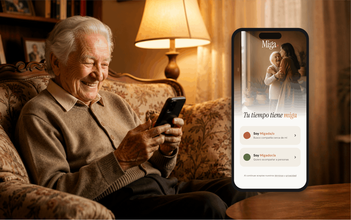 Miga — persona mayor sonriendo con el móvil y la pantalla de bienvenida de la app