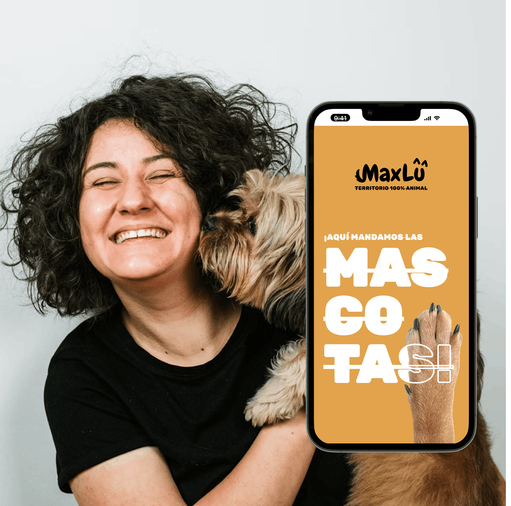 Maxlu — mujer sonriendo con su perro junto a la pantalla de bienvenida de la app