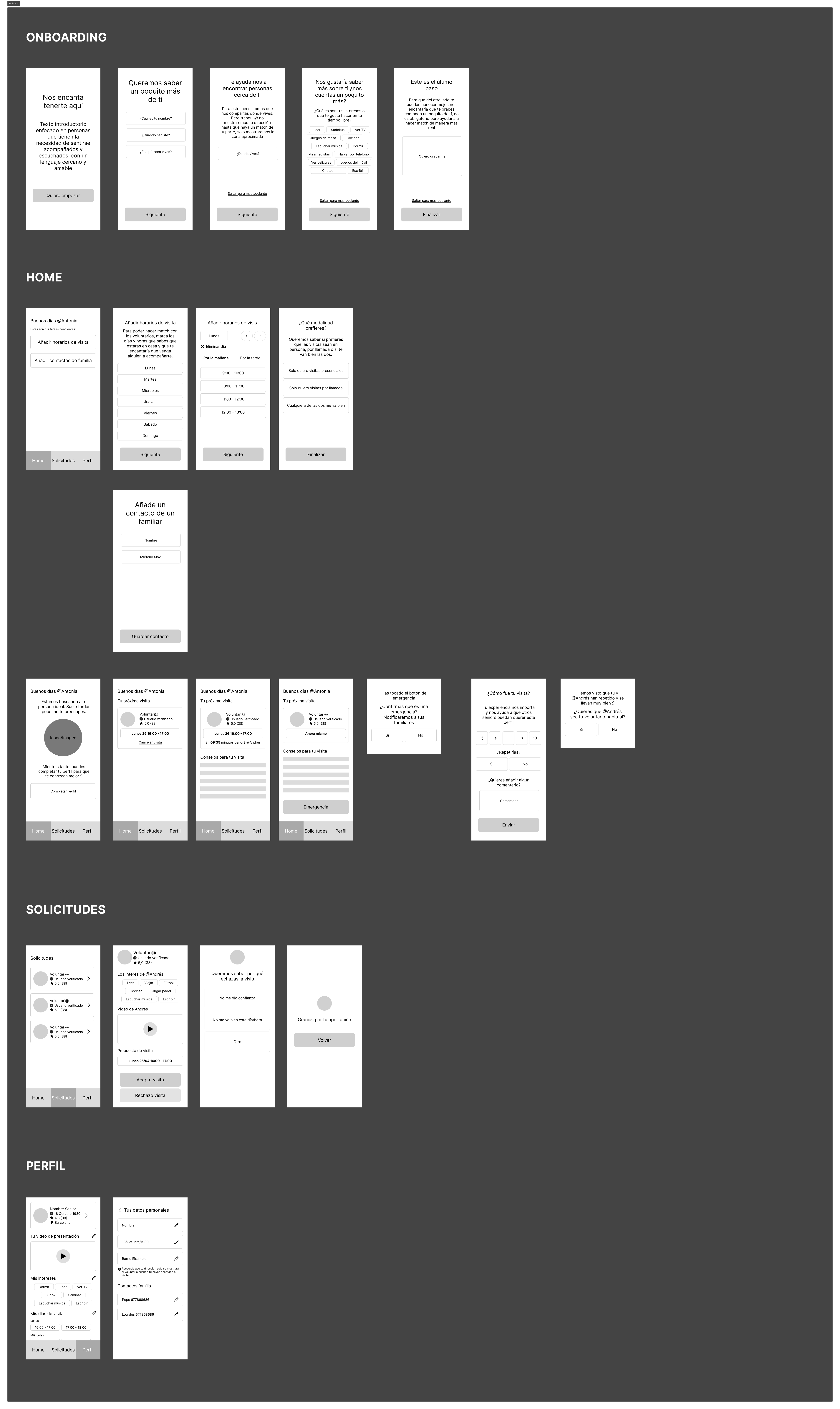 Wireframes del flujo Migado — onboarding, home, solicitudes y perfil